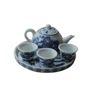 Bộ ấm chén thờ men lam họa tiết rồng vẽ tay BT-AC03