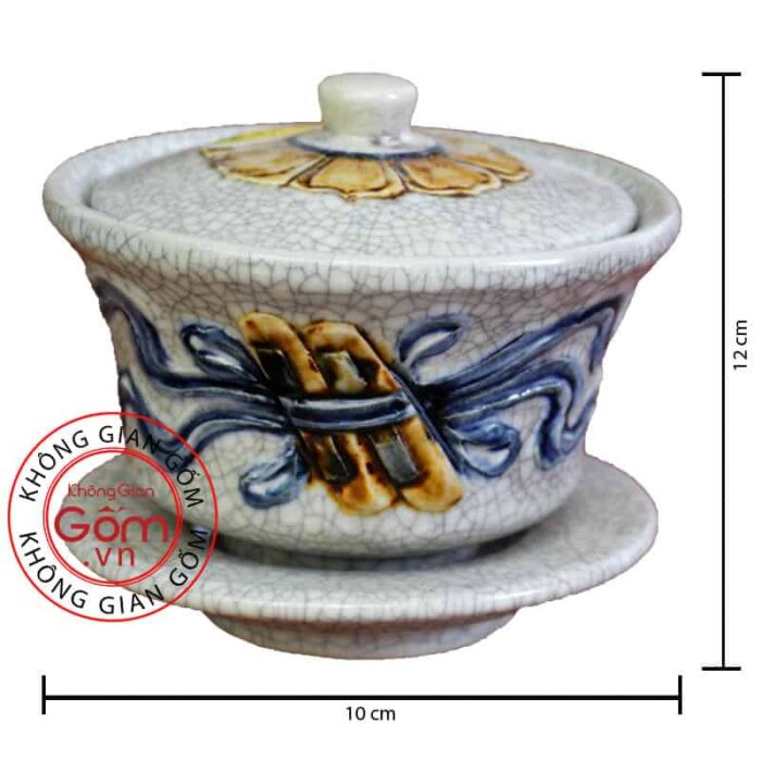 Bát sâm thờ men rạn cuốn thư đắp nổi Bát Tràng BT-BS02 - Hình ảnh 3
