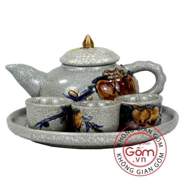 Bộ ấm chén thờ men rạn đắp nổi đào thọ Bát Tràng BT-AC02 - Hình ảnh 3