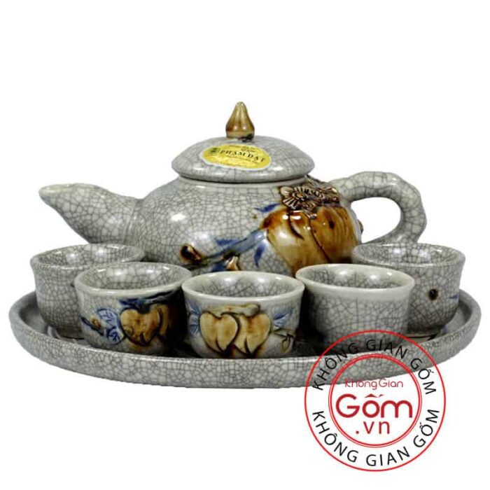 Bộ ấm chén thờ men rạn đắp nổi đào thọ Bát Tràng BT-AC02 - Hình ảnh 2
