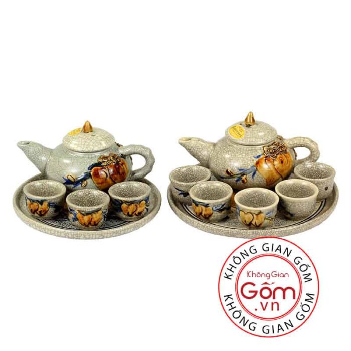 Bộ ấm chén thờ men rạn đắp nổi đào thọ Bát Tràng BT-AC02 - Hình ảnh 4