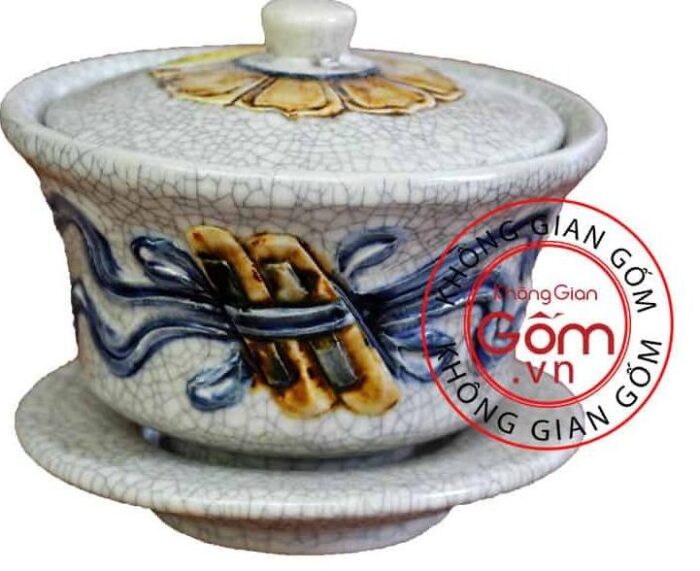 Bát sâm thờ men rạn cuốn thư đắp nổi Bát Tràng BT-BS02 - Hình ảnh 2