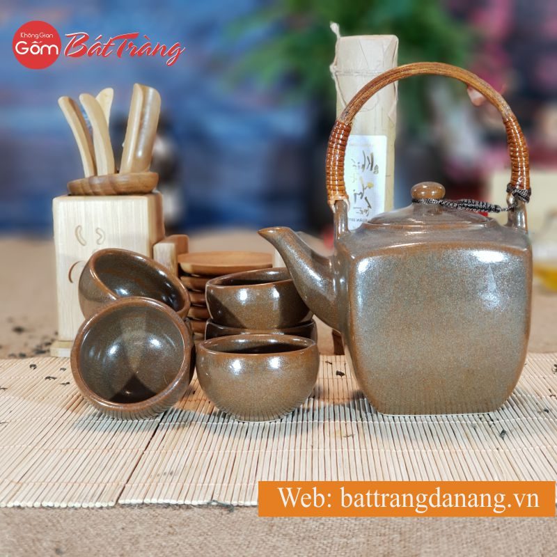 Bộ trà ấm vuông men nâu