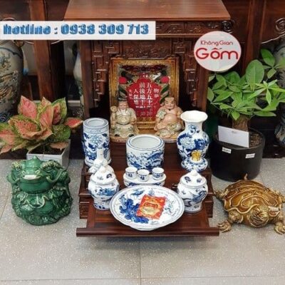 Set Bàn thờ Thần Tài Bát Tràng Men Xanh Vẽ Thường