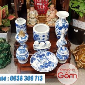 Set bàn thờ Thần Tài men xanh Bát Tràng Vẽ Kỹ