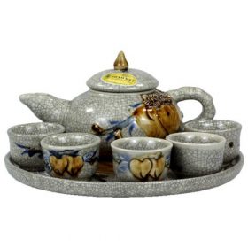 Bộ ấm chén thờ men rạn đắp nổi đào thọ Bát Tràng BT-AC02