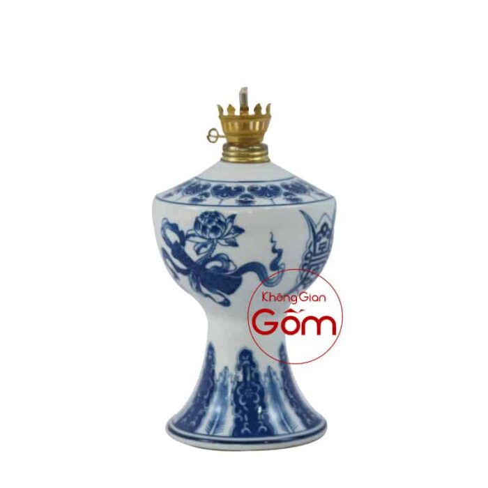 Đèn dầu thờ men lam vai vuông họa tiết hoa sen BT-ĐT10 - Hình ảnh 2