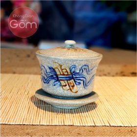 Bát sâm thờ men rạn cuốn thư đắp nổi Bát Tràng BT-BS02