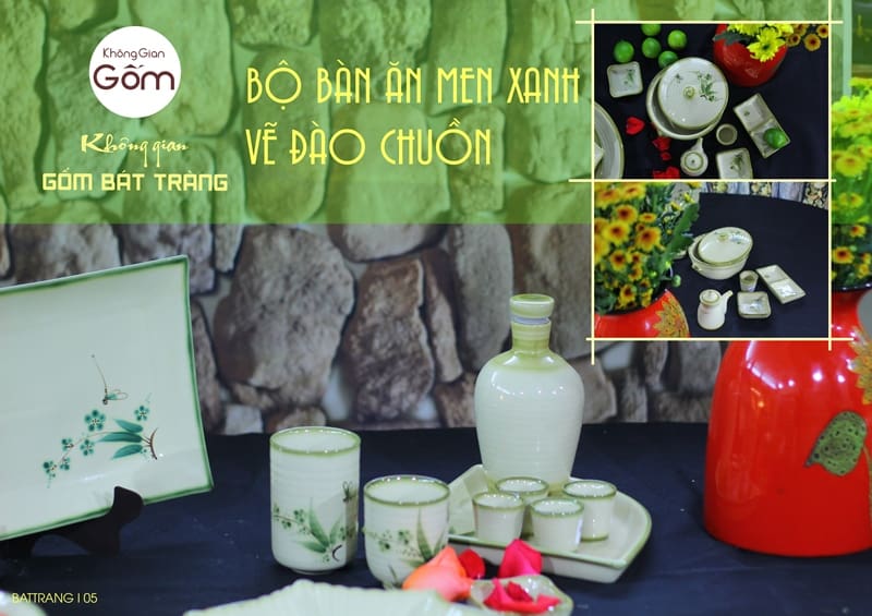 Bộ bát đĩa và phụ kiện bàn ăn men xanh vẽ chuồn cao cấp