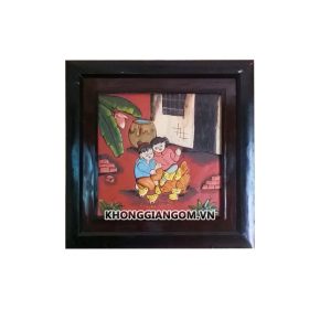 Tranh gốm em bé và đàn gà