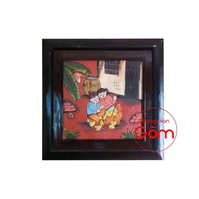 Tranh gốm em bé và đàn gà - Hình ảnh 3