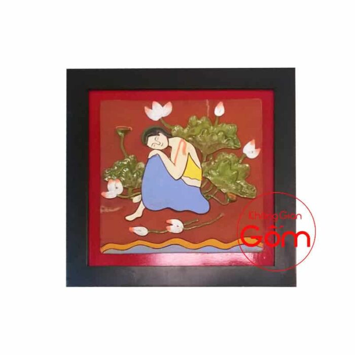 Tranh gốm Thiếu nữ bên hồ sen - Ảnh 4