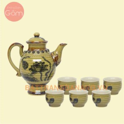 Bình rượu vẽ sen Bát Tràng cổ thấp KGG58