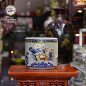 Bát hương đồ thờ men rạn họa tiết hoa sen BT-BHT02