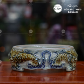 Đế bát hương đồ thờ men rạn họa tiết song long BT-ĐBH01
