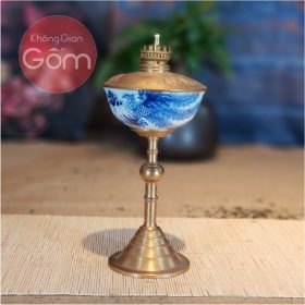 Đèn dầu thờ Bát Tràng chân đồng vẽ phượng dáng bầu BT-ĐT06