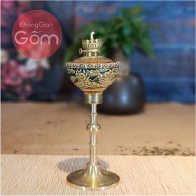 Đèn dầu thờ Bát Tràng chân đồng họa tiết khắc rồng BT-ĐT07