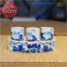Kỷ cong 3 chén men lam vẽ hoa sen Bát Tràng BT-KT02
