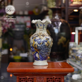 Lọ hoa loe đồ thờ men rạn hoạ tiết công đào BT-LH01