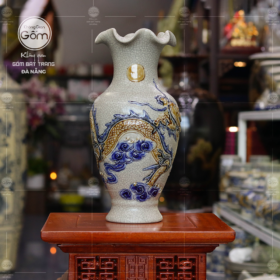 Lọ hoa loe đồ thờ men rạn hoạ tiết rồng BT-LH03