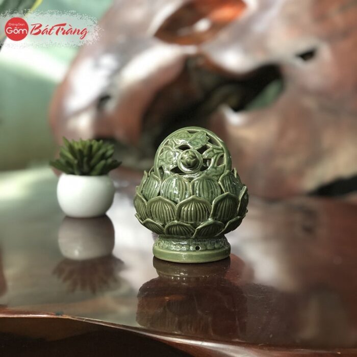Lư đốt trầm sứ sen xanh cao