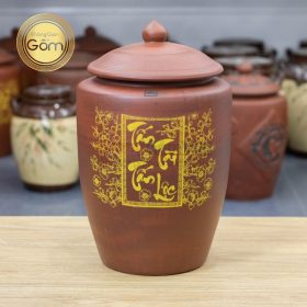 Hũ đựng gạo gốm sứ Bát Tràng tấn tài tấn lộc màu nâu tây