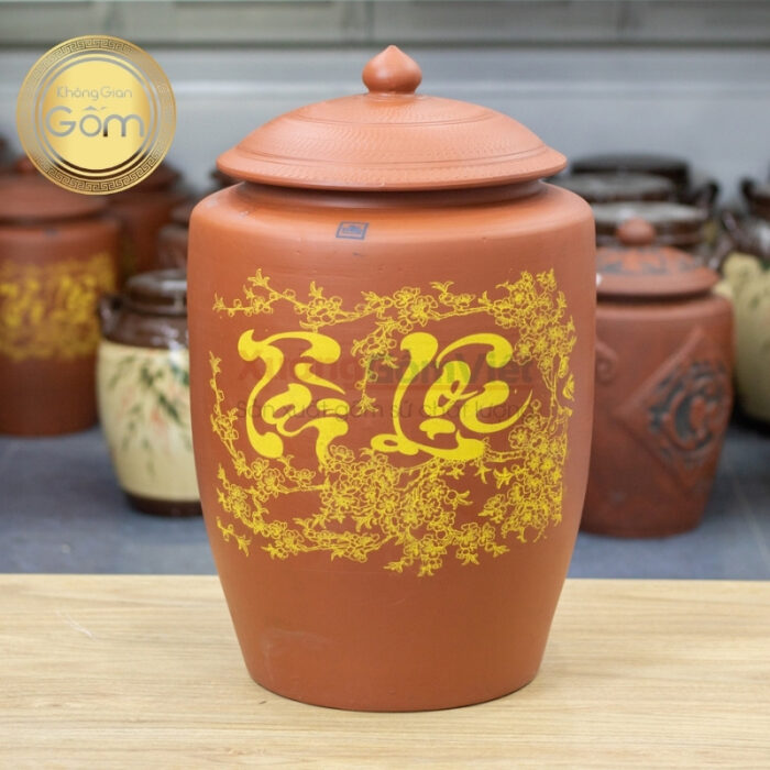 Hũ đựng gạo tài lộc Bát Tràng bằng sành màu nâu tây