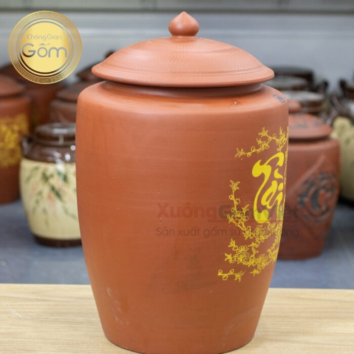 Hũ đựng gạo tài lộc Bát Tràng bằng sành màu nâu tây