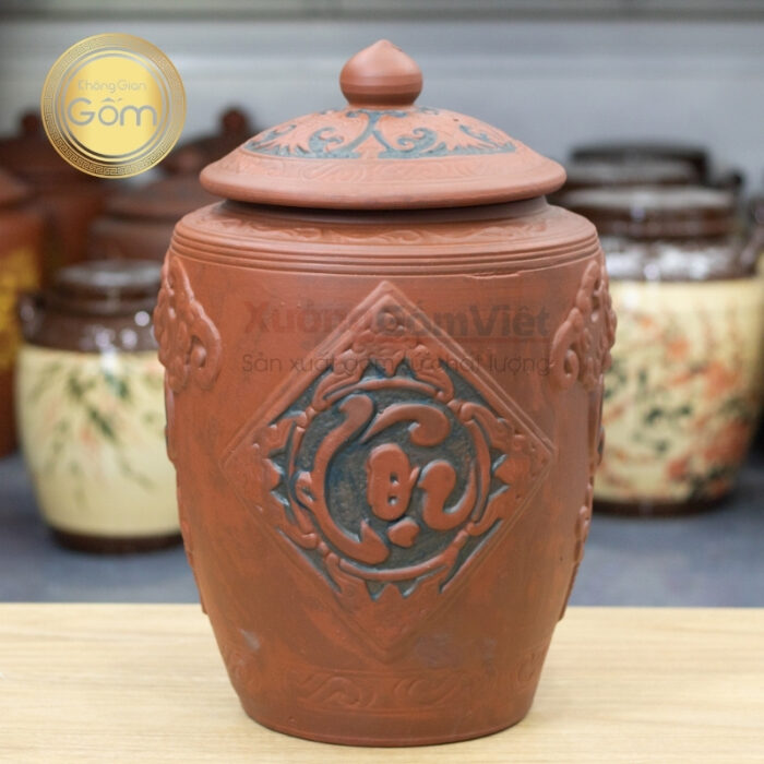 Hũ gạo Tài Lộc khắc nổi nâu sành cao cấp