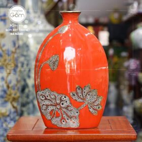 Lọ hoa màu cam dáng dẹp hoạ tiết sen vẽ vàng BT-BH29