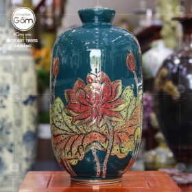 Lọ hoa màu xanh coban dáng trụ tròn hoạ tiết sen đỏ vẽ vàng BT-BH21