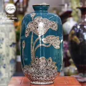 Lọ hoa màu xanh coban dáng trụ tròn hoạ tiết sen vẽ vàng BT-BH20