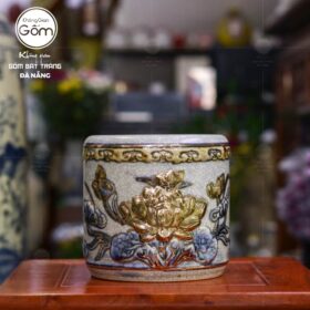 Bát hương Bát Tràng men rạn vẽ vàng họa tiết hoa sen BT-BHT10