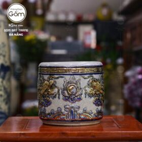Bát hương Bát Tràng men rạn vẽ vàng họa tiết song long châu nguyệt BT-BHT09