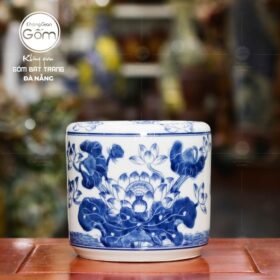Bát hương men lam Bát Tràng họa tiết hoa sen vẽ tay BT-BHT05
