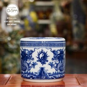 Bát hương men lam Bát Tràng họa tiết song long chầu nguyệt BT-BHT07