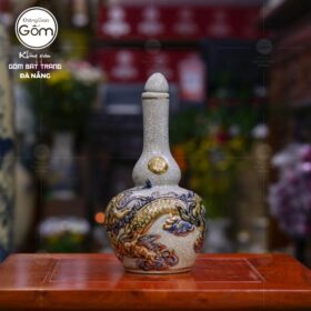 Nậm rượu thờ 2 bầu Bát Tràng men rạn vẽ vàng họa tiết rồng BT-NRT07