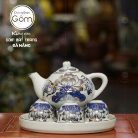Bộ ấm trà thờ Bát Tràng men lam vẽ vàng họa tiết hoa sen BT-ACT06