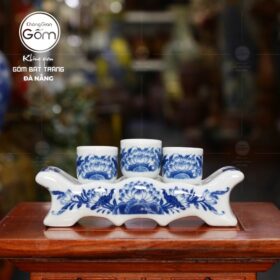 Bộ kỷ ngai 3 chén men lam Bát Tràng họa tiết hoa sen vẽ tay BT-KT07