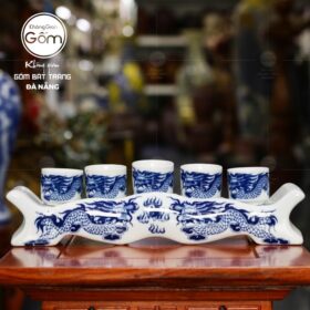 Bộ kỷ ngai 5 chén men lam Bát Tràng vẽ song long chầu nguyệt BT-KT10