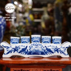 Bộ kỷ ngai 5 chén men lam Bát Tràng họa tiết vẽ hoa sen BT-KT11