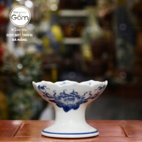 Chân nến men lam Bát Tràng họa tiết hoa sen vẽ tay BT-ĐN06