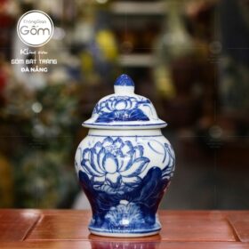 Chóe thờ men lam Bát Tràng họa tiết hoa sen vẽ tay BT-CT04
