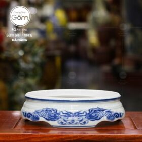Đế bát hương men lam Bát Tràng vẽ lưỡng long chầu nguyệt BT-ĐBH02