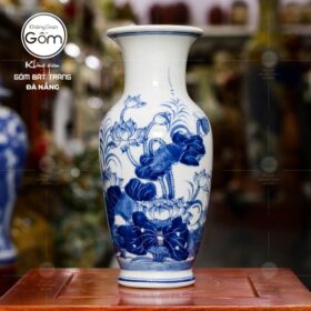 Lọ hoa dáng bảo bình men lam Bát Tràng họa tiết hoa sen BT-LH07