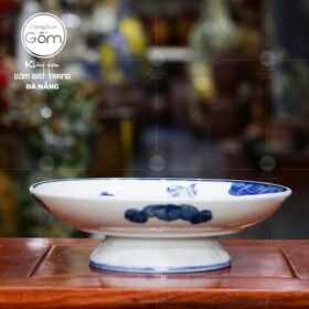 Mâm bồng men lam Bát Tràng họa tiết hoa sen vẽ tay BT-MB05