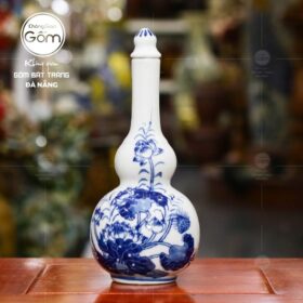 Nậm rượu hồ lô men lam Bát Tràng họa tiết hoa sen vẽ tay BT-NRT05