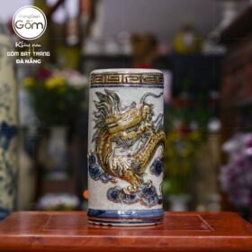 Ống hương men rạn vẽ vàng họa tiết rồng chầu nguyệt BT- OH04