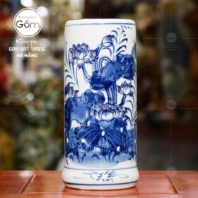 Ống hương men lam Bát Tràng họa tiết hoa sen vẽ tay BT-OH03