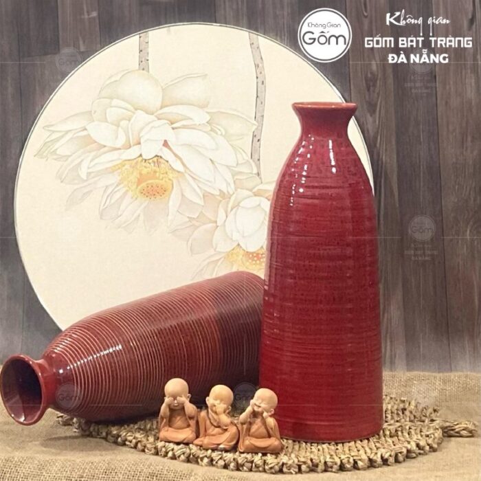 Bình hoa dáng chai cao Bát Tràng màu đỏ BT-BH57 - Hình ảnh 2